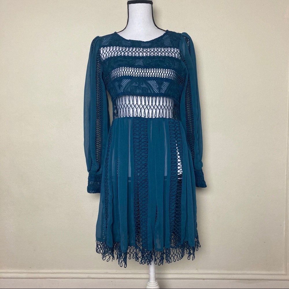 Eri + Ari Teal Chalene Lace Skater Sheer Embroidered Dress Long Sleeve - Picture 2 of 14